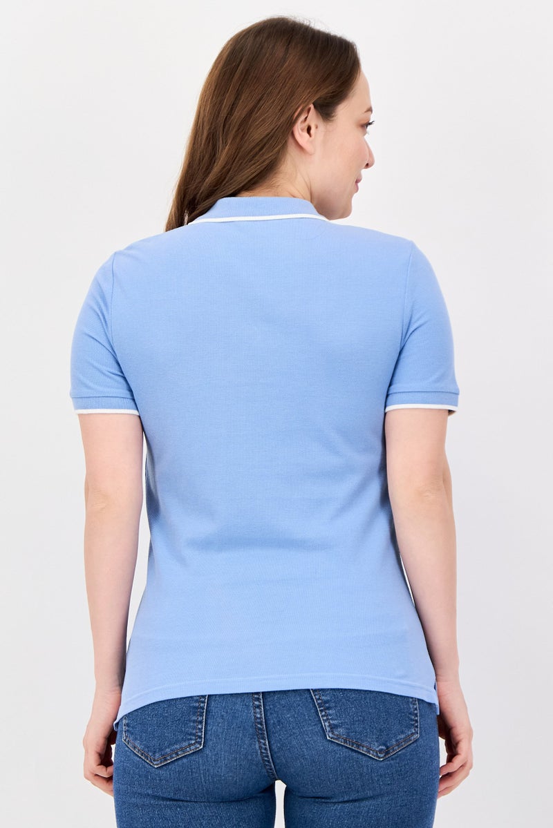 M.S Collection Women V-Neck Short Sleeve Solid Polo Shirt, Blue - Image 3